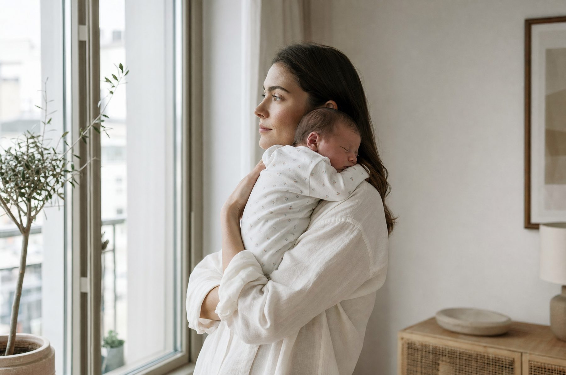 A mother holding her newborn by a window