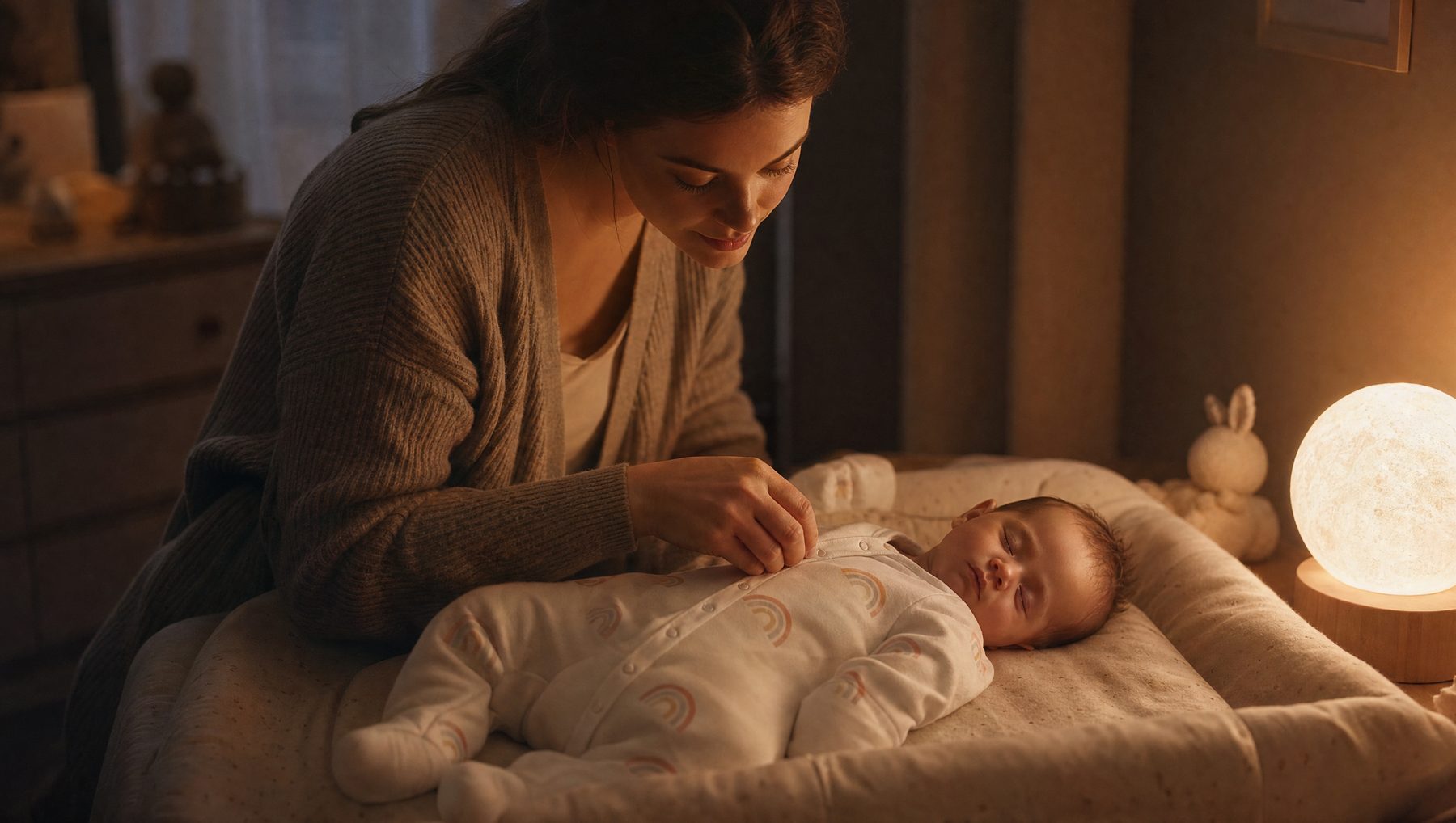 A mother closing her sleeping baby's sleepsuit by nightlight