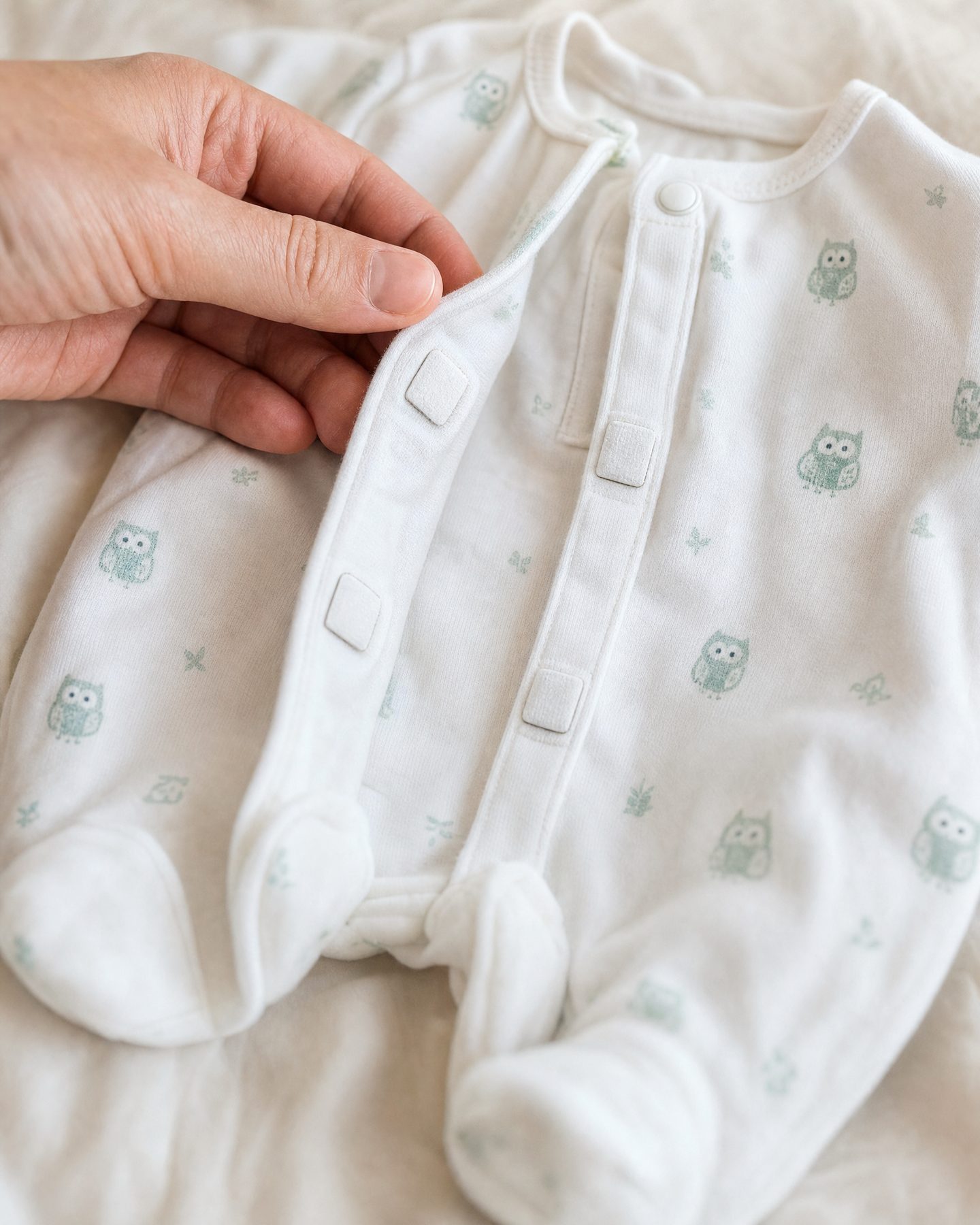 A hand opening the magnetic placket of a sleepsuit