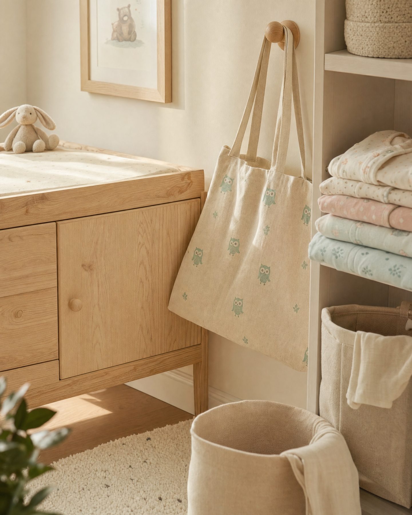 A nursery corner with a tote bag and folded sleepsuits