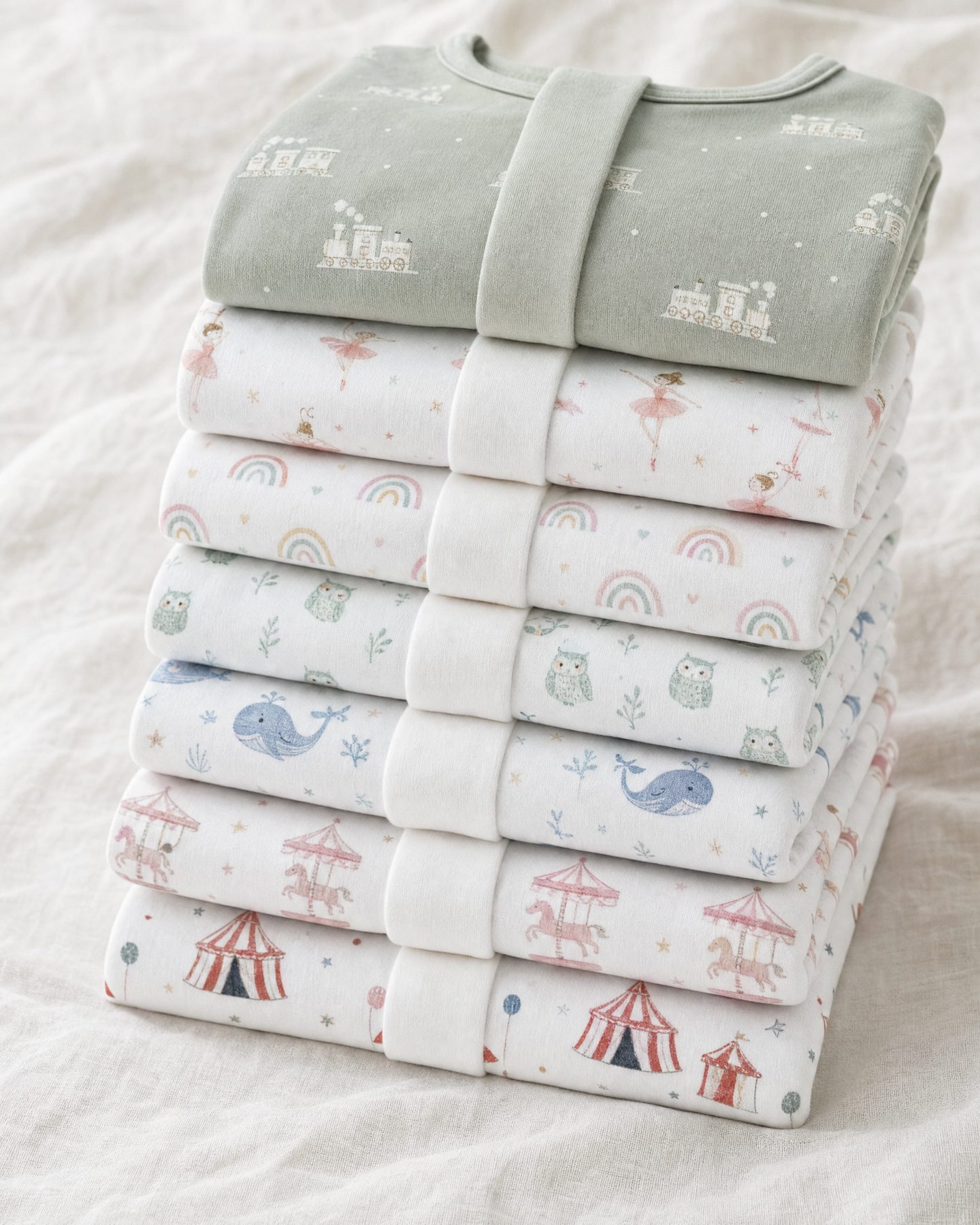 A stack of folded sleepsuits in different prints
